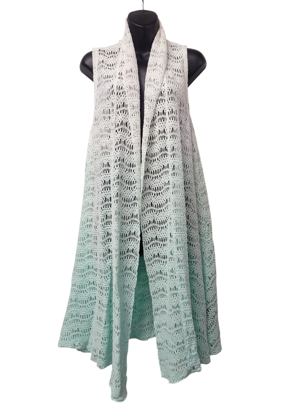 Charlie Paige Open Front Knit Vest L/XL Ombre White Mint Green Lace Crochet NWOT